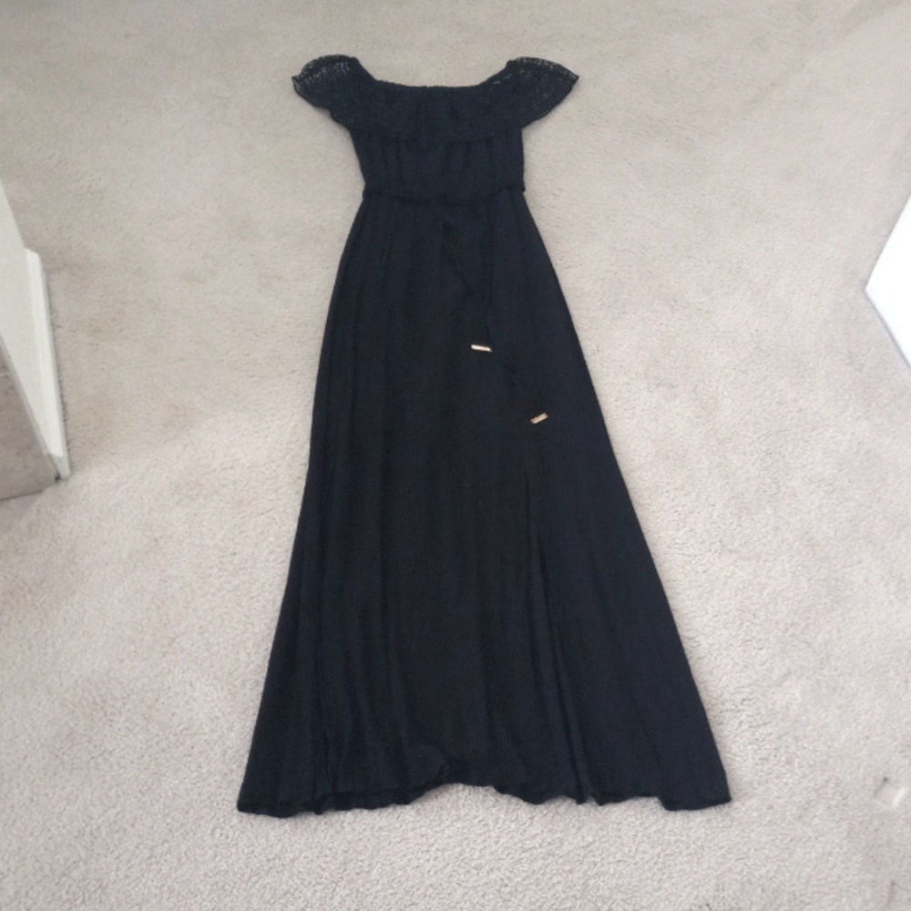 NWOT Apt 9 Black Lace Shouldered Maxi Dress w/2 Side Slits in Skirt & Tie Belt S